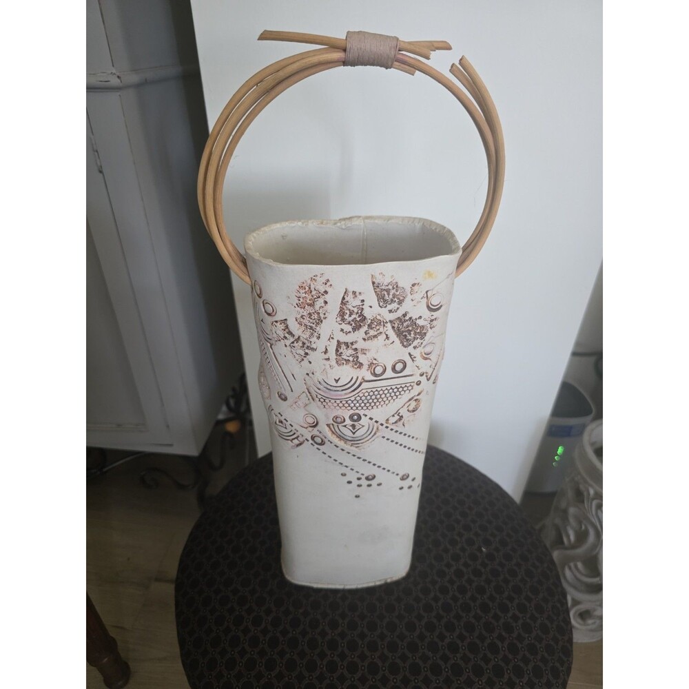 Unique Cylinder Pottery Vase w/Bamboo Handle Abstact Etched Signed 1988 19x5.5x4